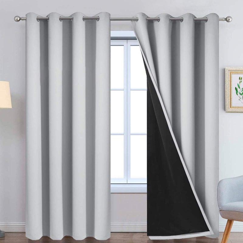 Yakamok 100% Blackout Window Curtain Panels, Heat and Full Light Blocking Drapes with Black Liner for Nursery,Thermal Insulated Draperies (Light Grey, 2 Pieces, 52Wx96L) - Image 1